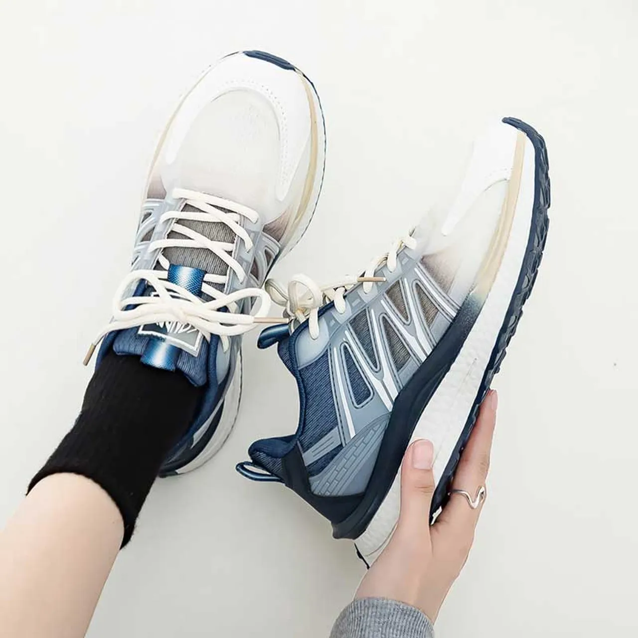 Beige blue logo pattern stripe shoe sneaker