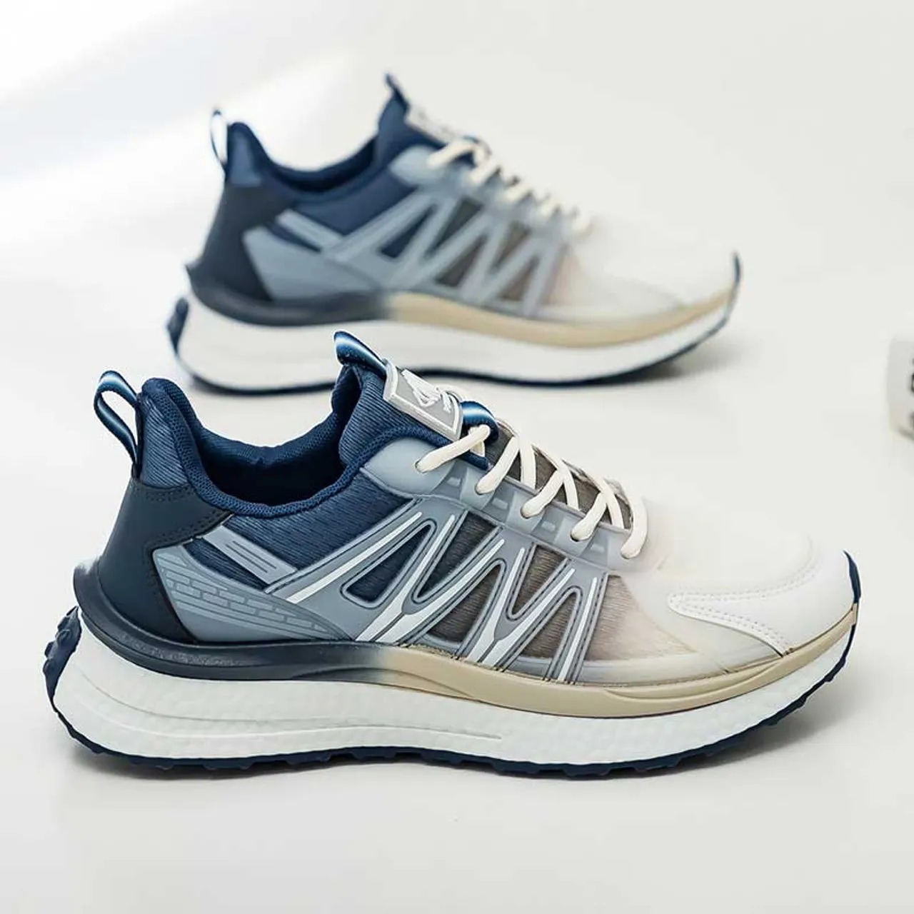 Beige blue logo pattern stripe shoe sneaker