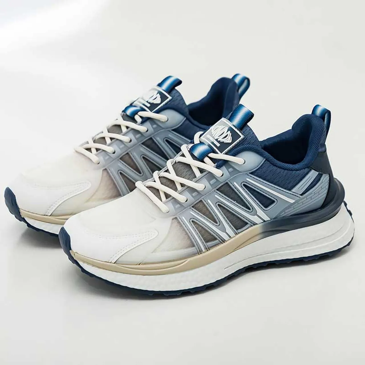 Beige blue logo pattern stripe shoe sneaker