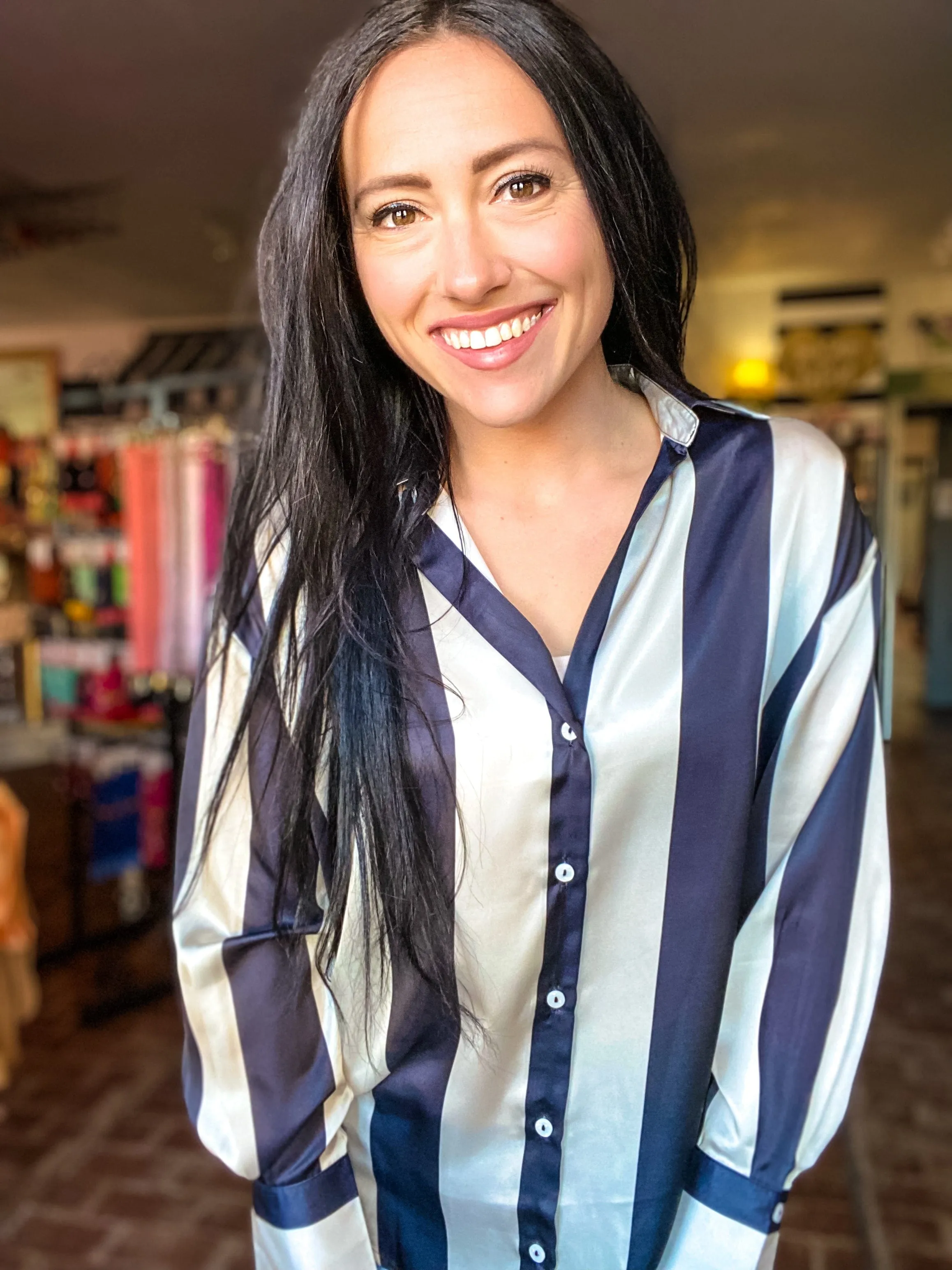 Black and White Stripe Satin Button Down