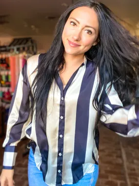 Black and White Stripe Satin Button Down