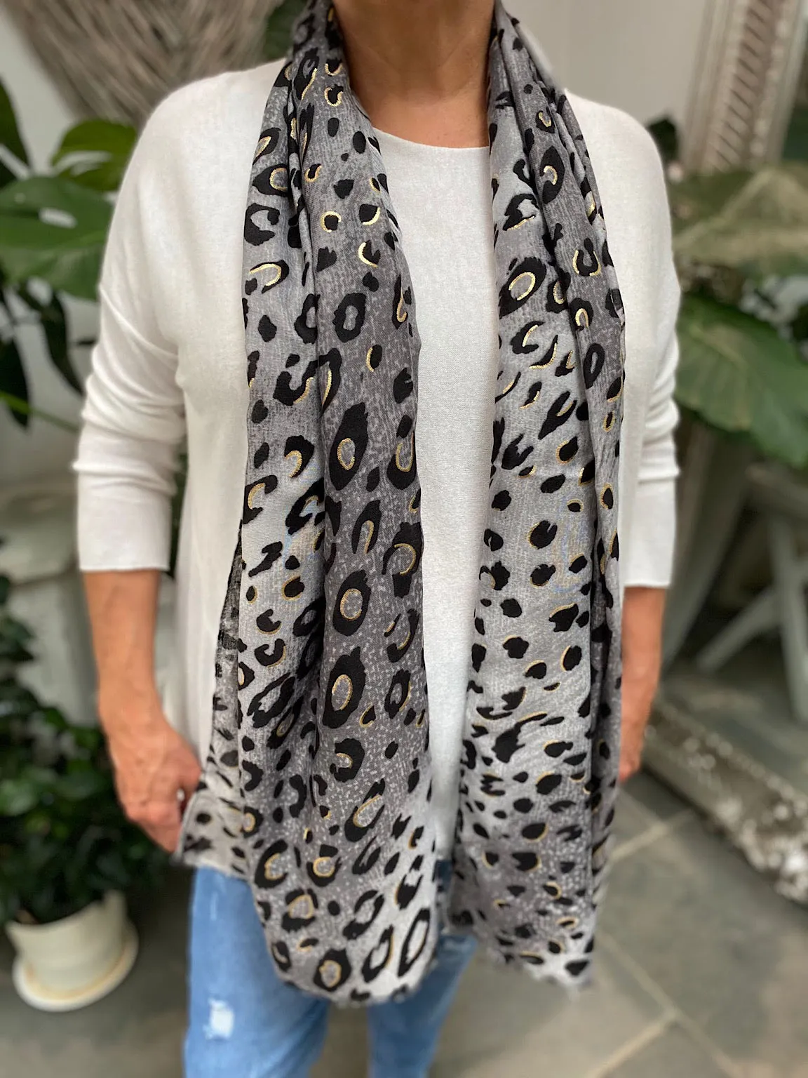 Black Gold Accent Leopard Print Scarf