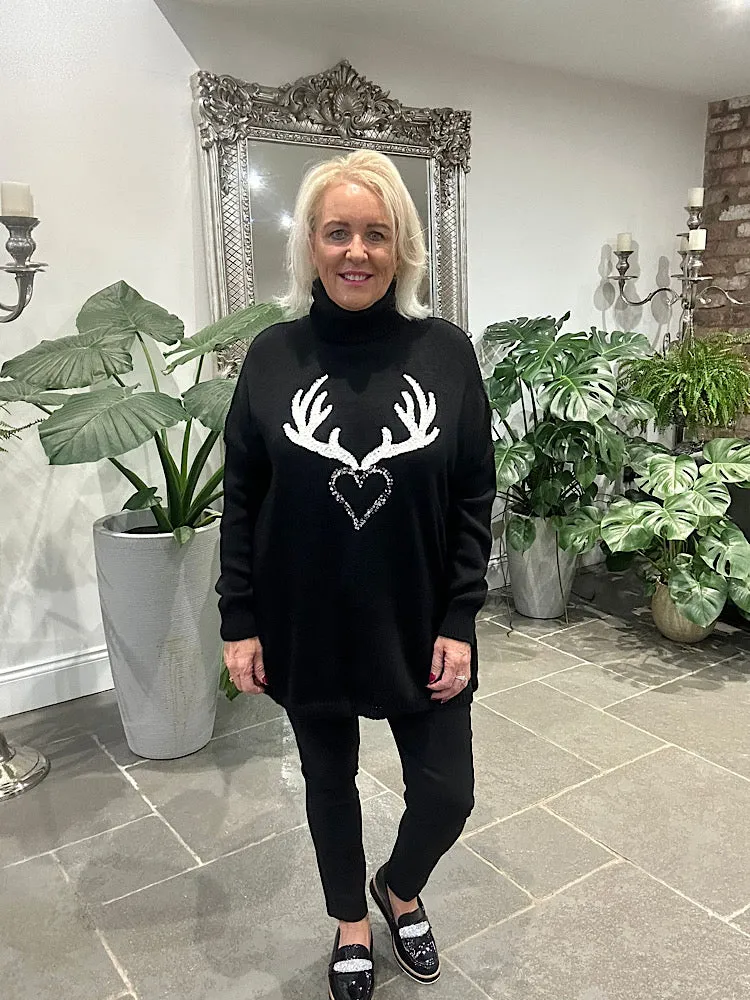 Black Heart Antler Roll Neck Jumper Dasher