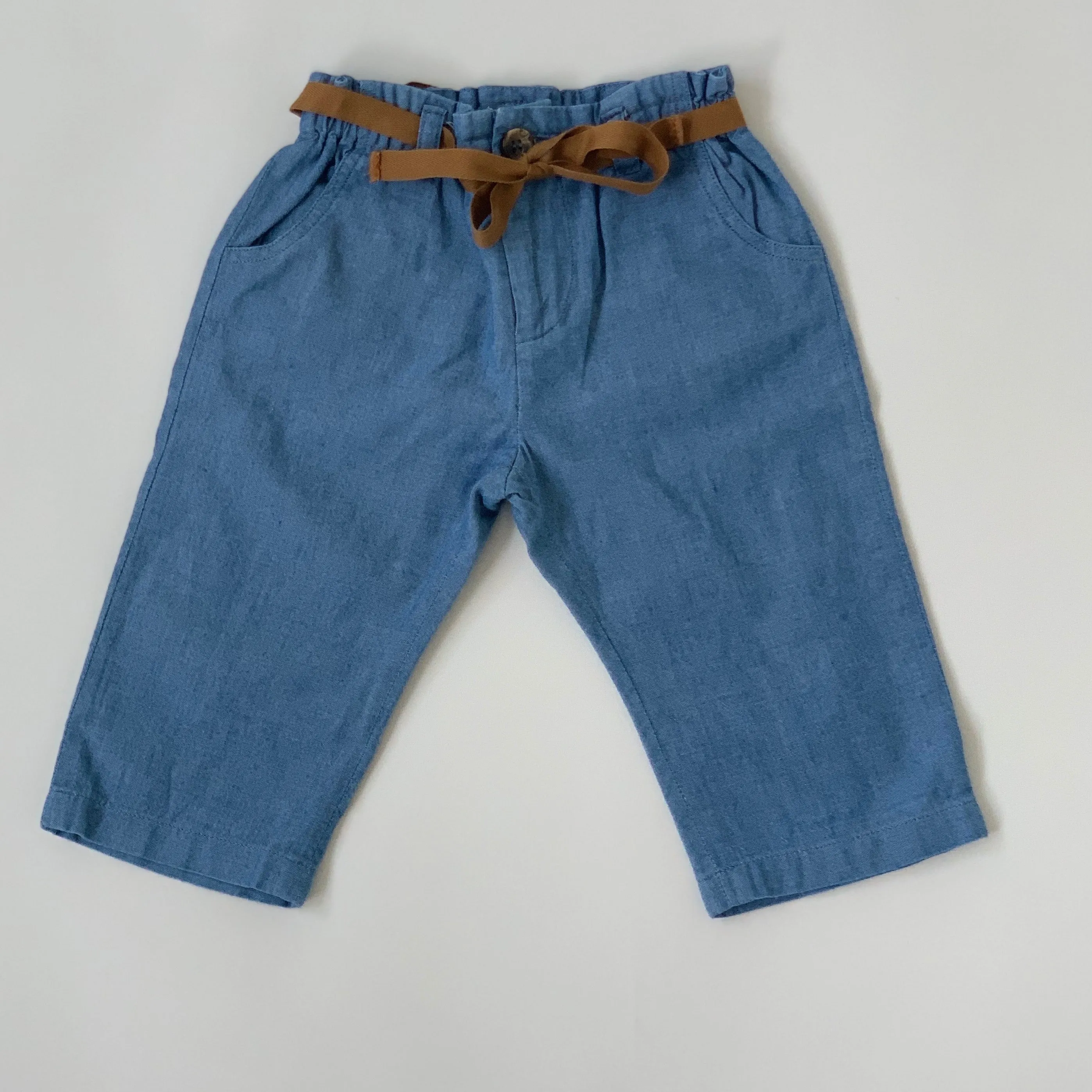 Bonpoint Chambray Cotton Trousers With Tie Belt: 6 Months