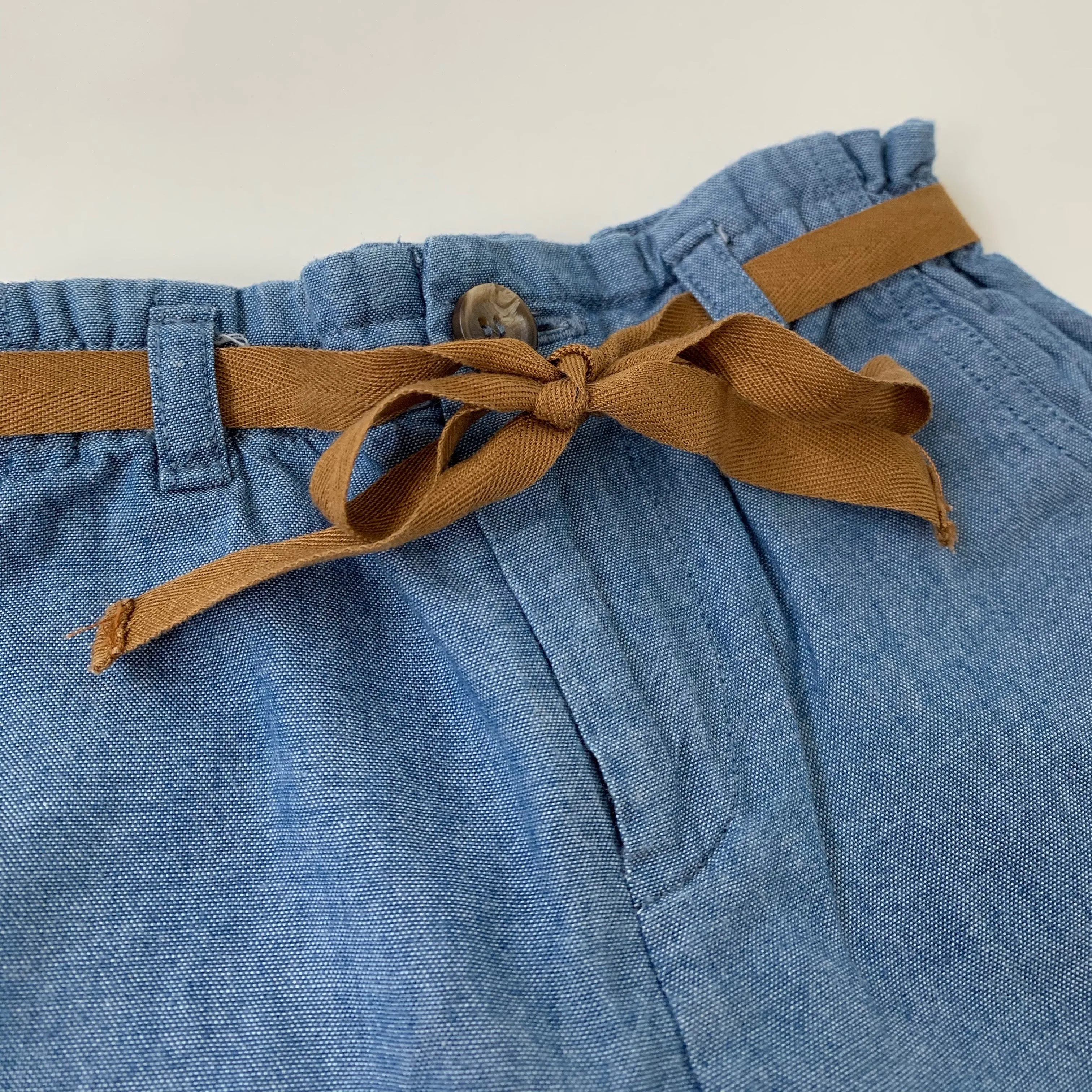 Bonpoint Chambray Cotton Trousers With Tie Belt: 6 Months