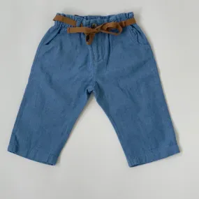 Bonpoint Chambray Cotton Trousers With Tie Belt: 6 Months