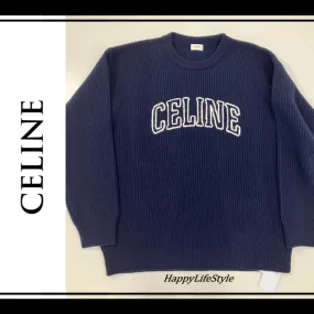 CELINE  |Crew Neck Pullovers Wool Long Sleeves Plain Logo Luxury