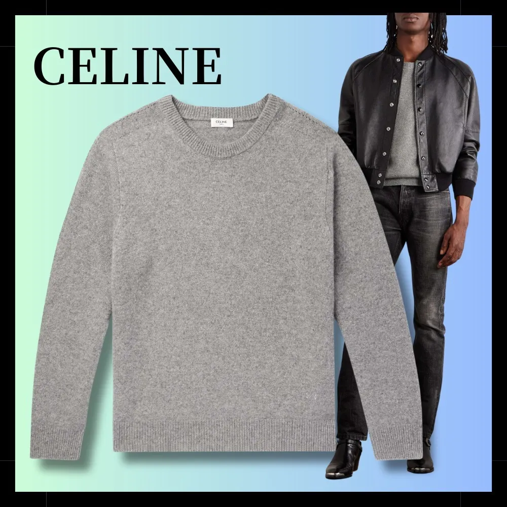 CELINE  |Pullovers Cashmere U-Neck Long Sleeves Luxury Sweaters