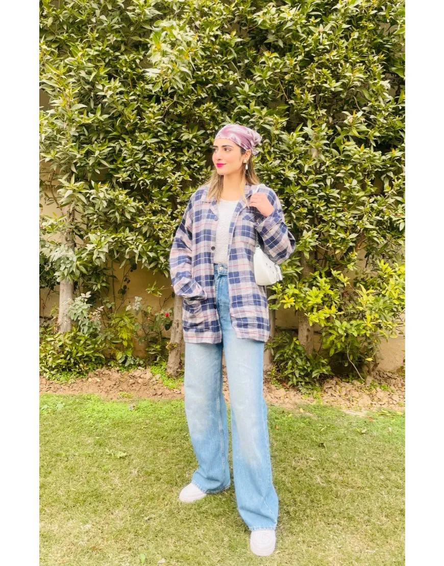 Checked Oversized Shirt in Blue & Grey