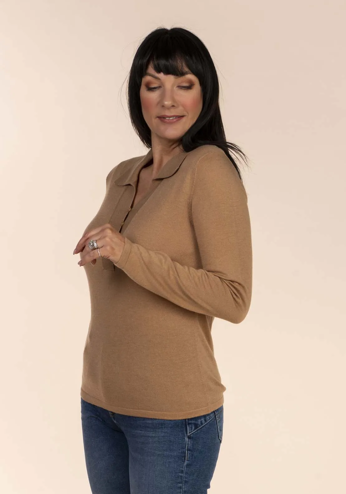 Collar Fine Knit Jumper - Toffee