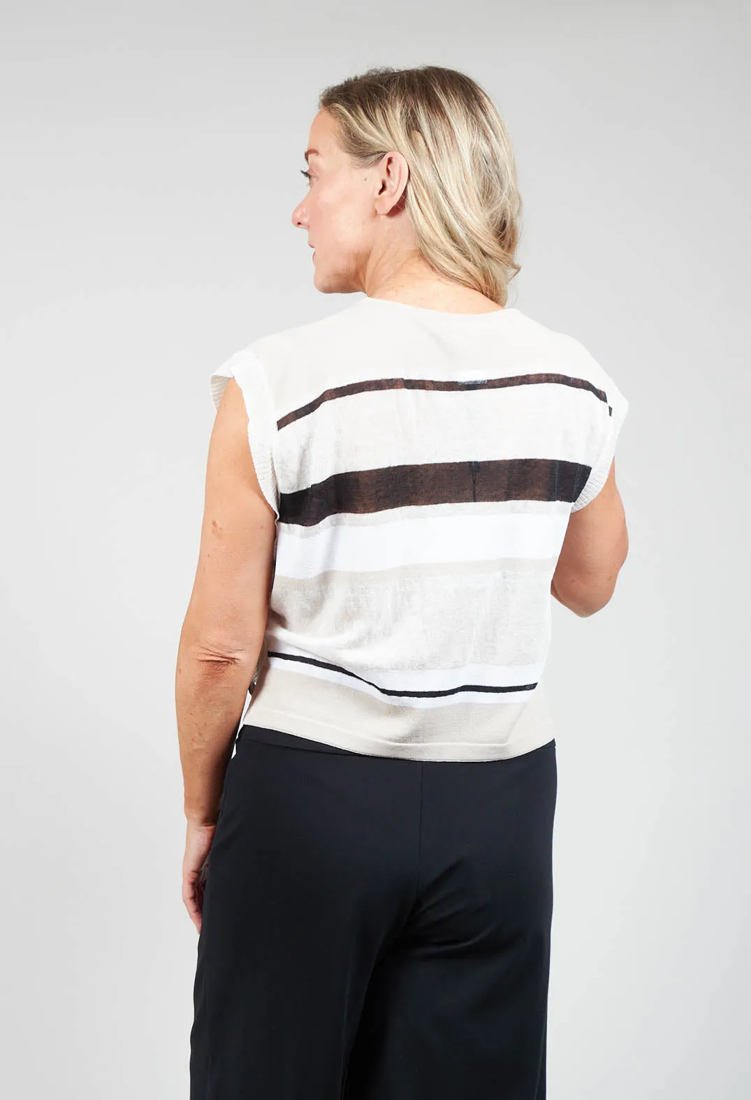 Cropped Knitted Top with Button Detail in Beige  Stripe