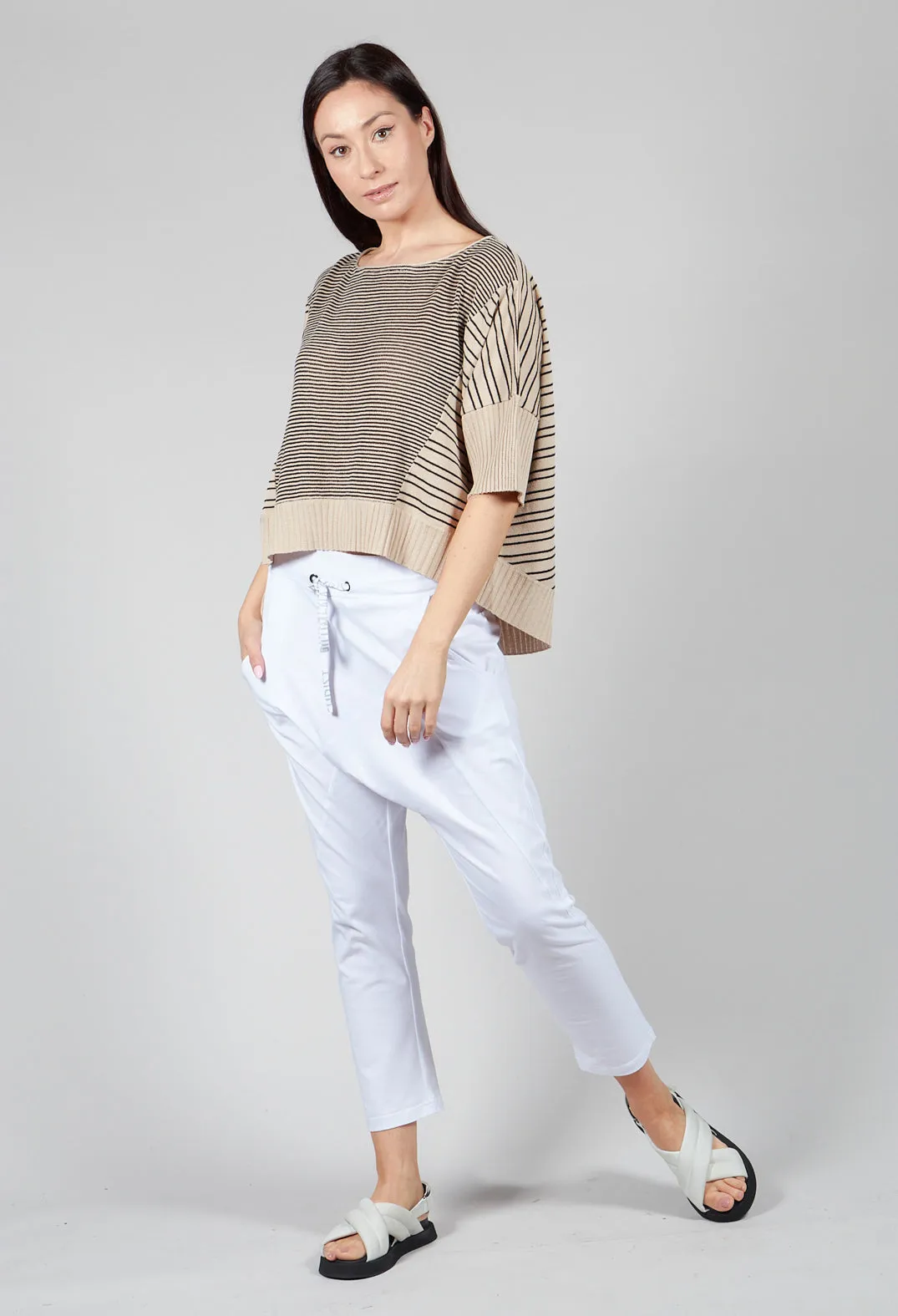 Cropped Short Sleeve Jumper in Sand Black Stripe