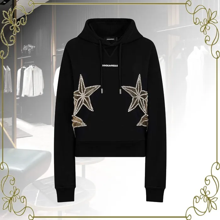 D SQUARED2  |Star Long Sleeves Plain Cotton Logo Hoodies & Sweatshirts