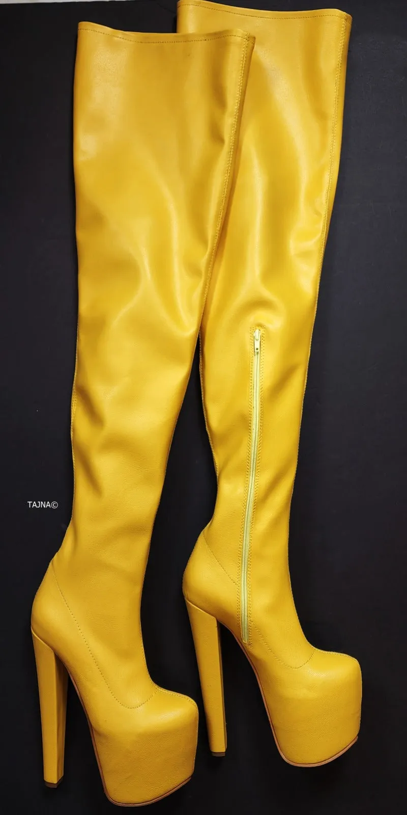 Extra Long Yellow Matte Strech Thigh High Boots