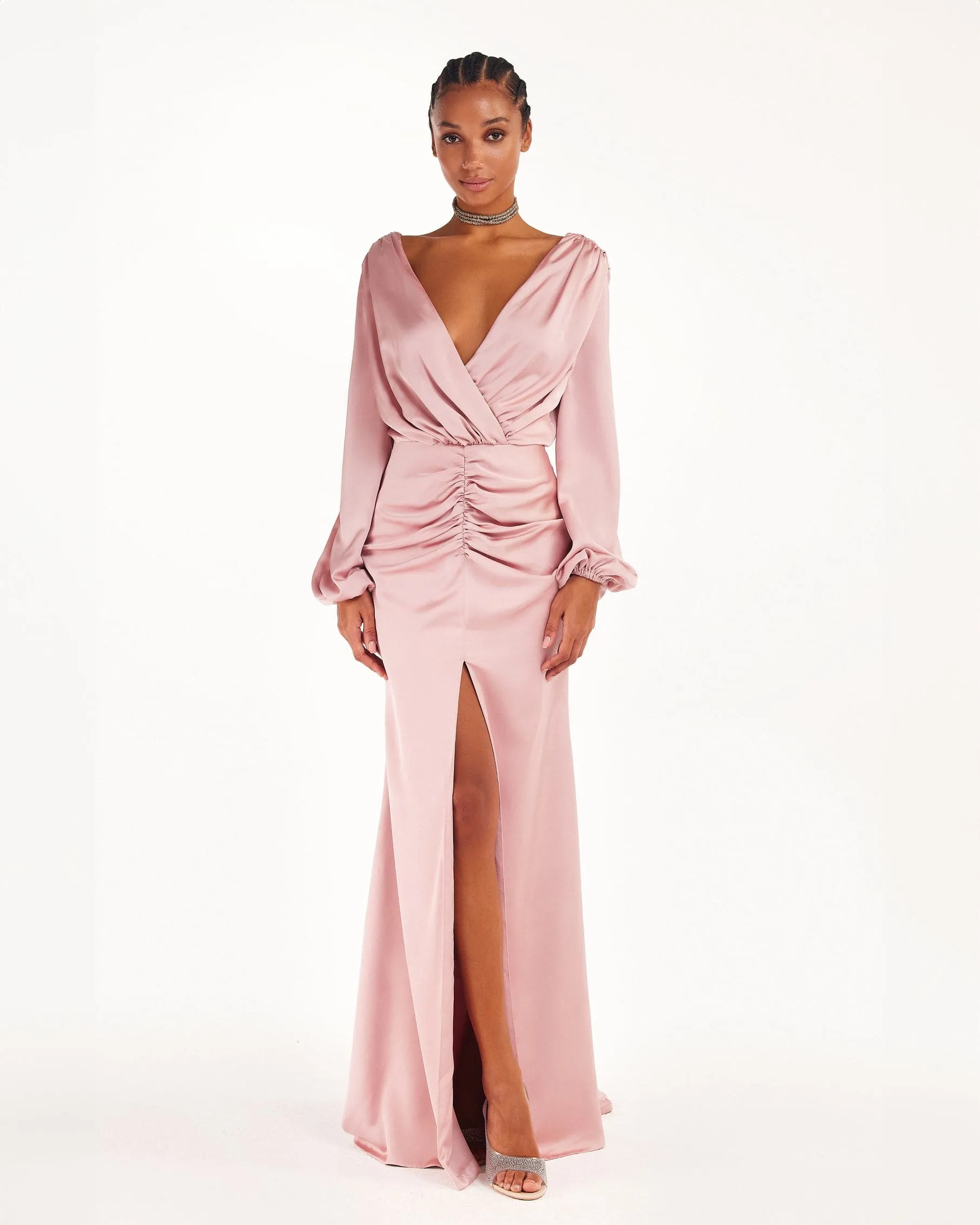 Fancy misty rose silk maxi evening dress