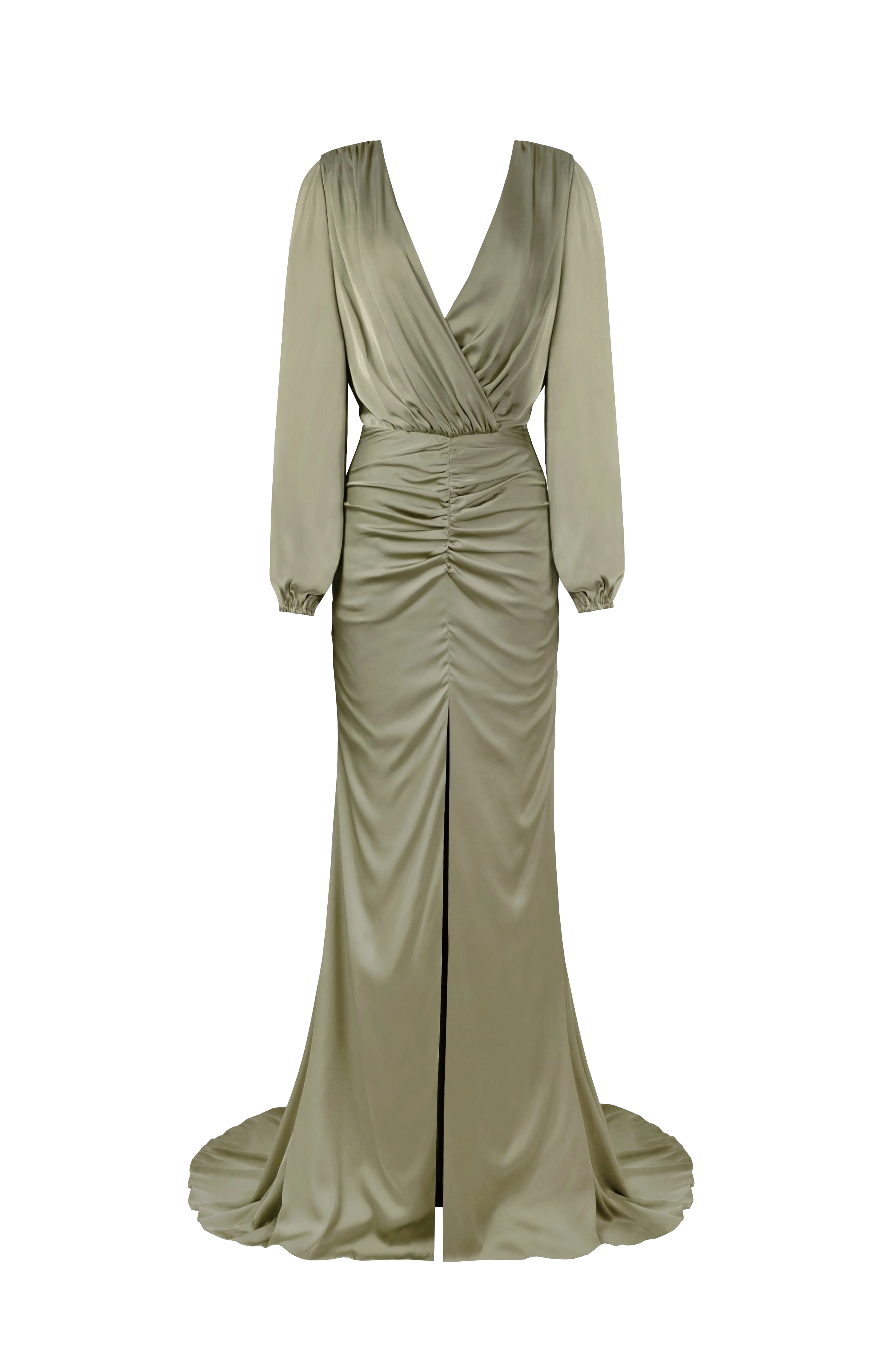 Fancy olive silk maxi evening dress