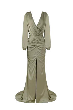 Fancy olive silk maxi evening dress