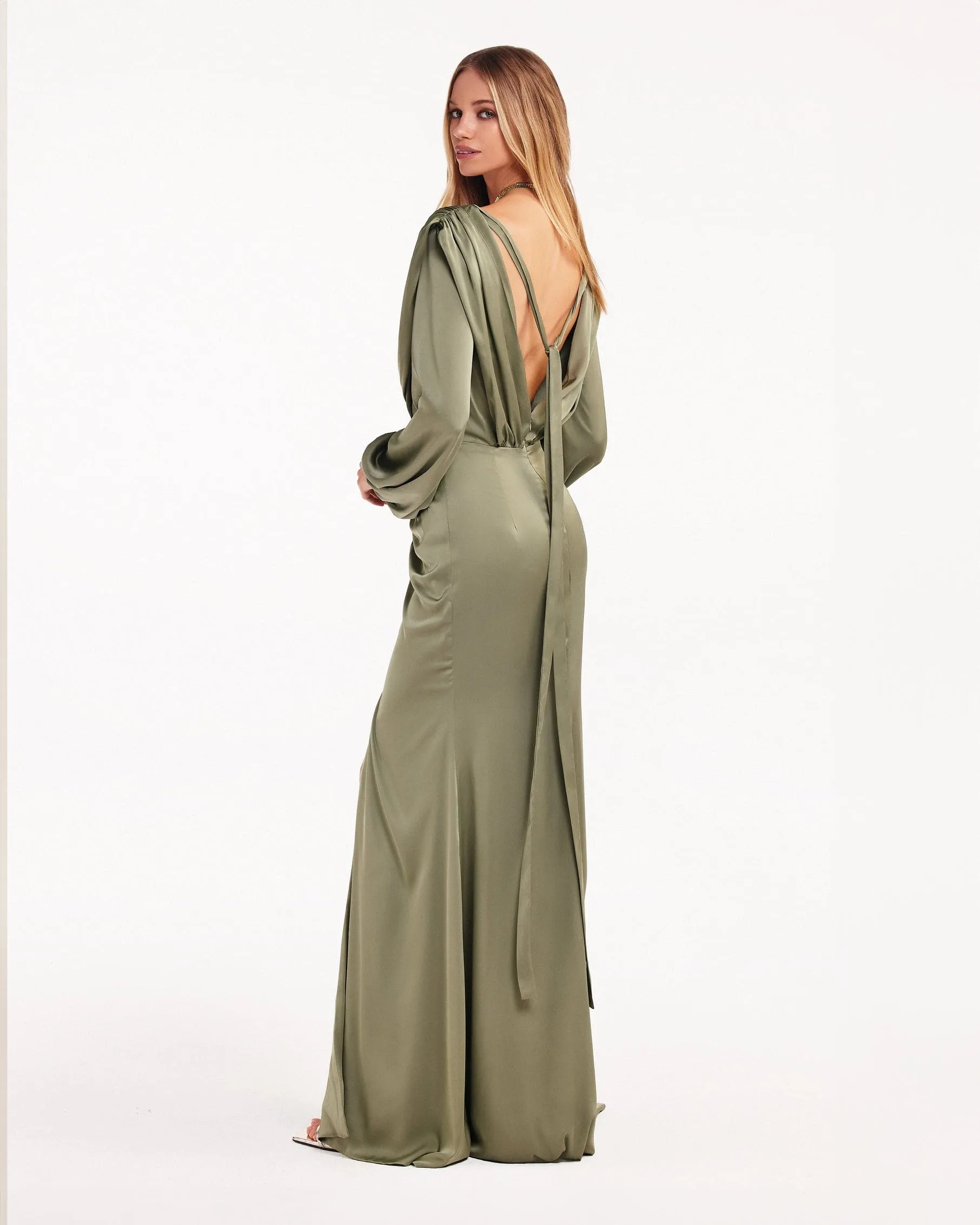 Fancy olive silk maxi evening dress