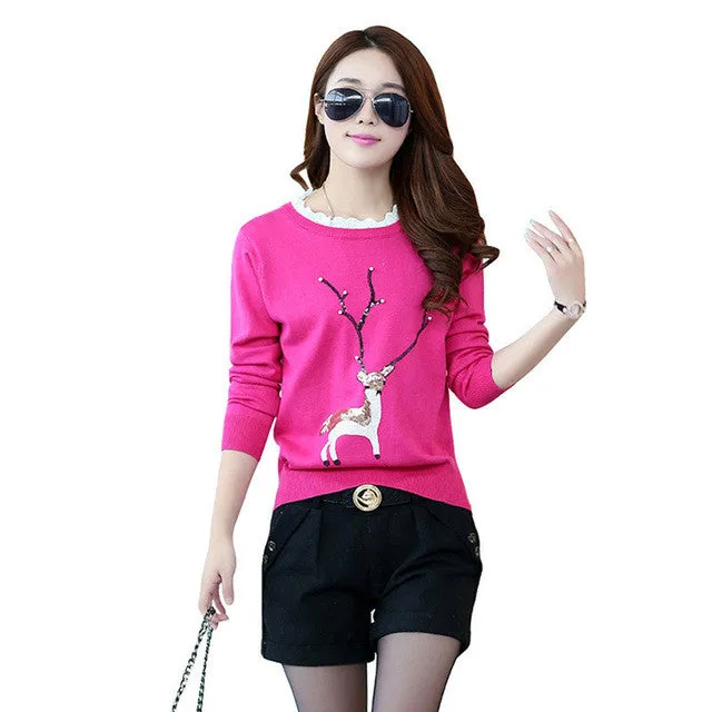 Female New Fashion Pullovers Plus Size Animal AppliquesThin Knitted Long Sleeve O-neck Sweaters Hot  32045 SM6