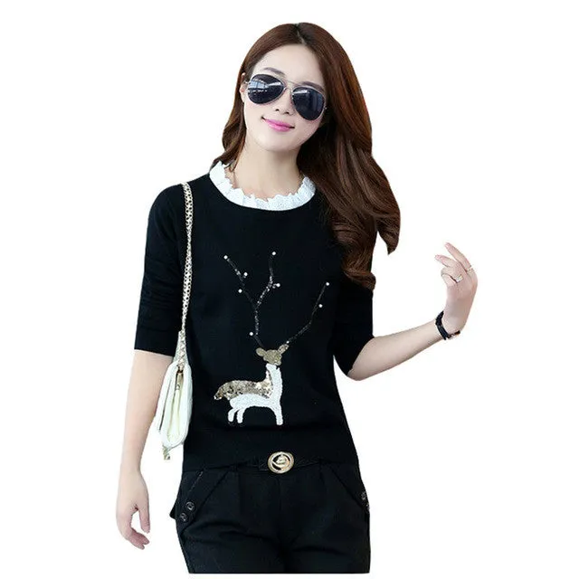 Female New Fashion Pullovers Plus Size Animal AppliquesThin Knitted Long Sleeve O-neck Sweaters Hot  32045 SM6