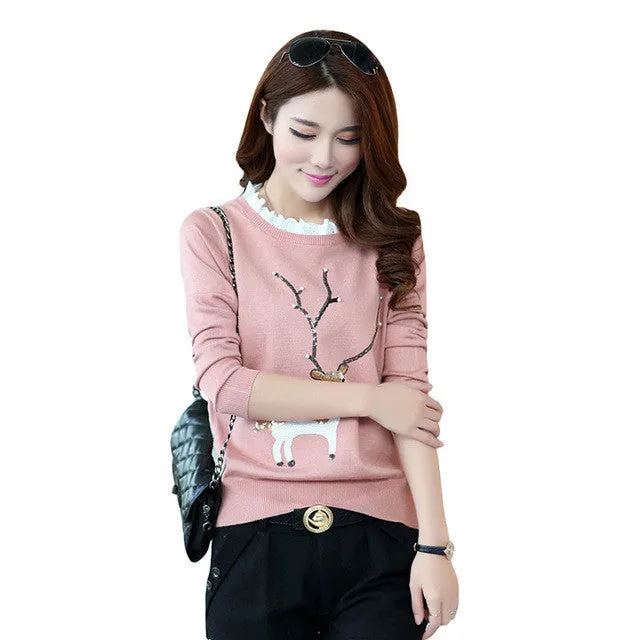 Female New Fashion Pullovers Plus Size Animal AppliquesThin Knitted Long Sleeve O-neck Sweaters Hot  32045 SM6