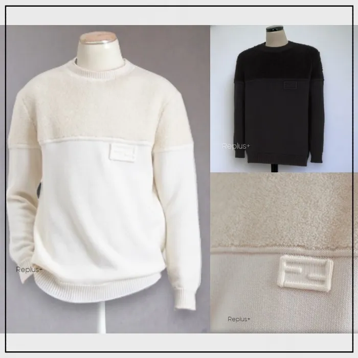 FENDI  |Crew Neck Pullovers Wool Silk Long Sleeves Plain Logo Luxury