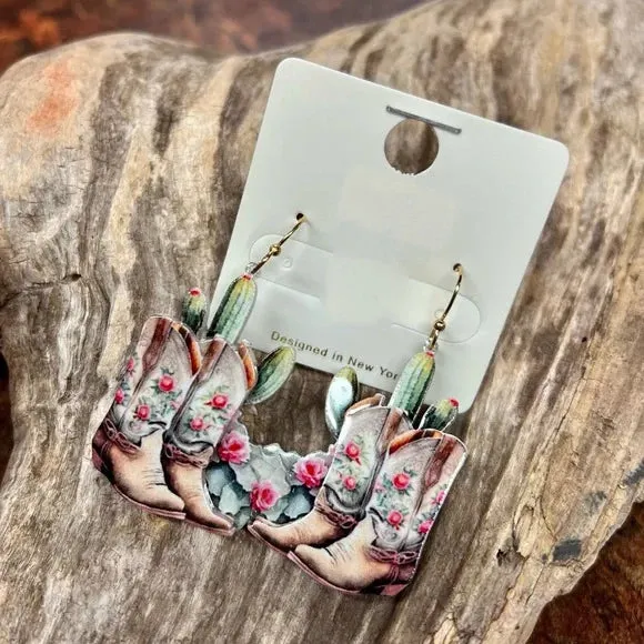 Floral Cowgirl Acrylic Retro Boots Western Dangle Earrings