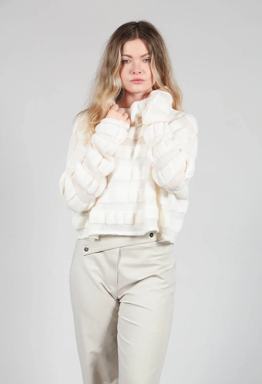 Funnel Neck Jumper with Stripe in Cream