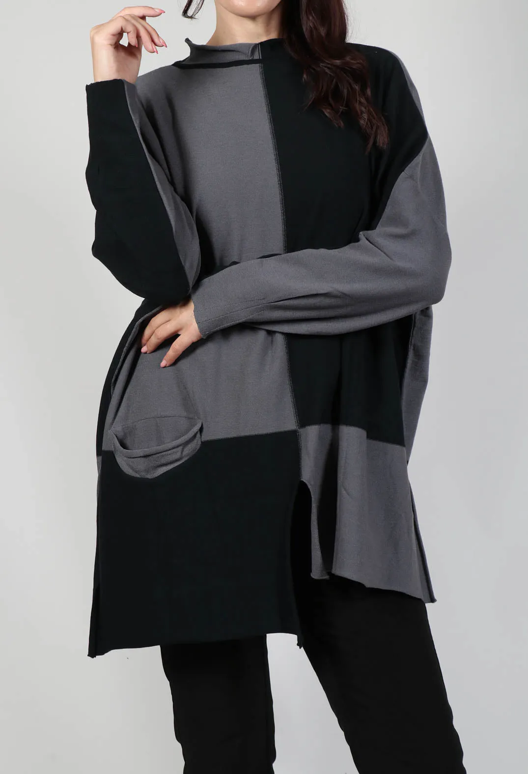 High Neck Jumper in Black Grey Check