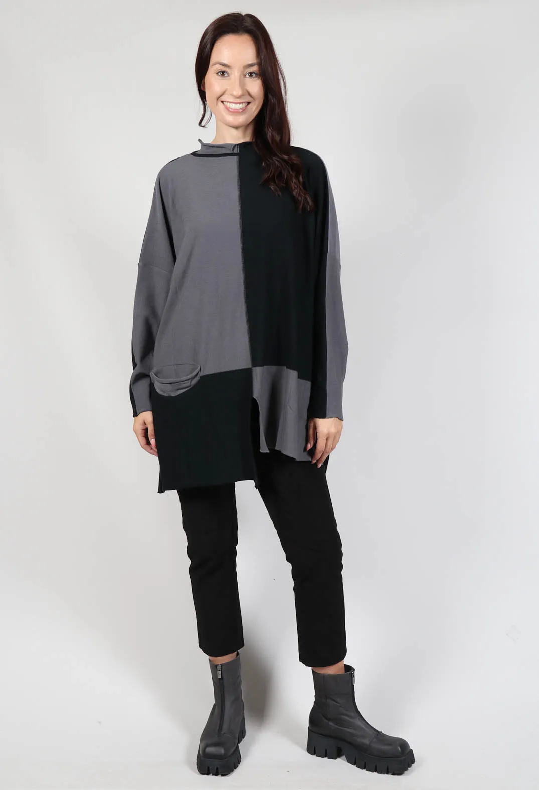 High Neck Jumper in Black Grey Check