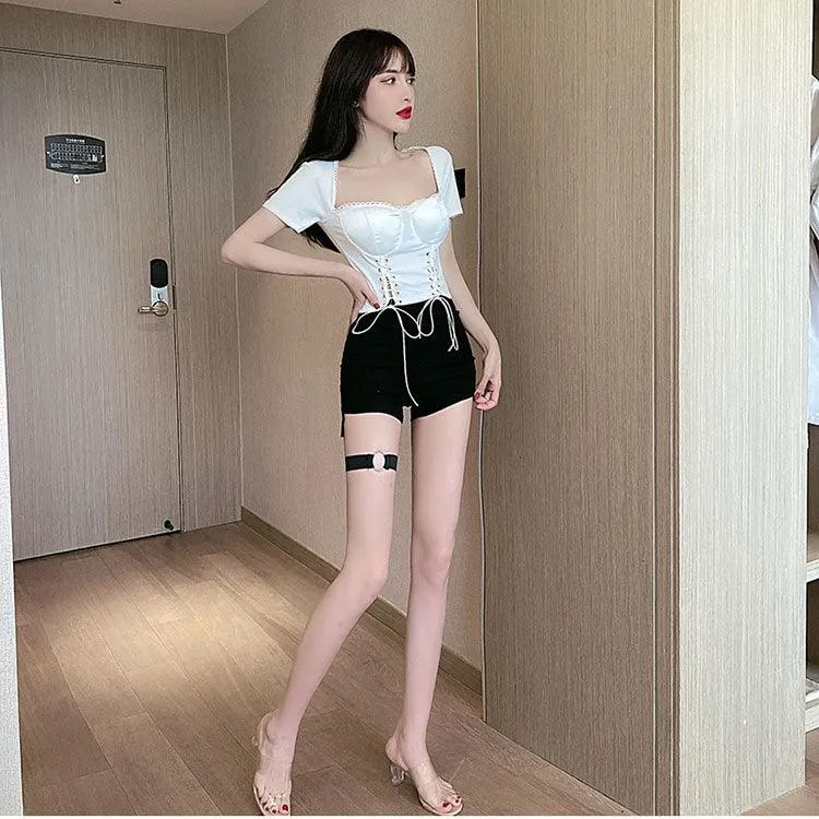 High Waist Shorts Elastic Hip Hollow Buckle High-cut