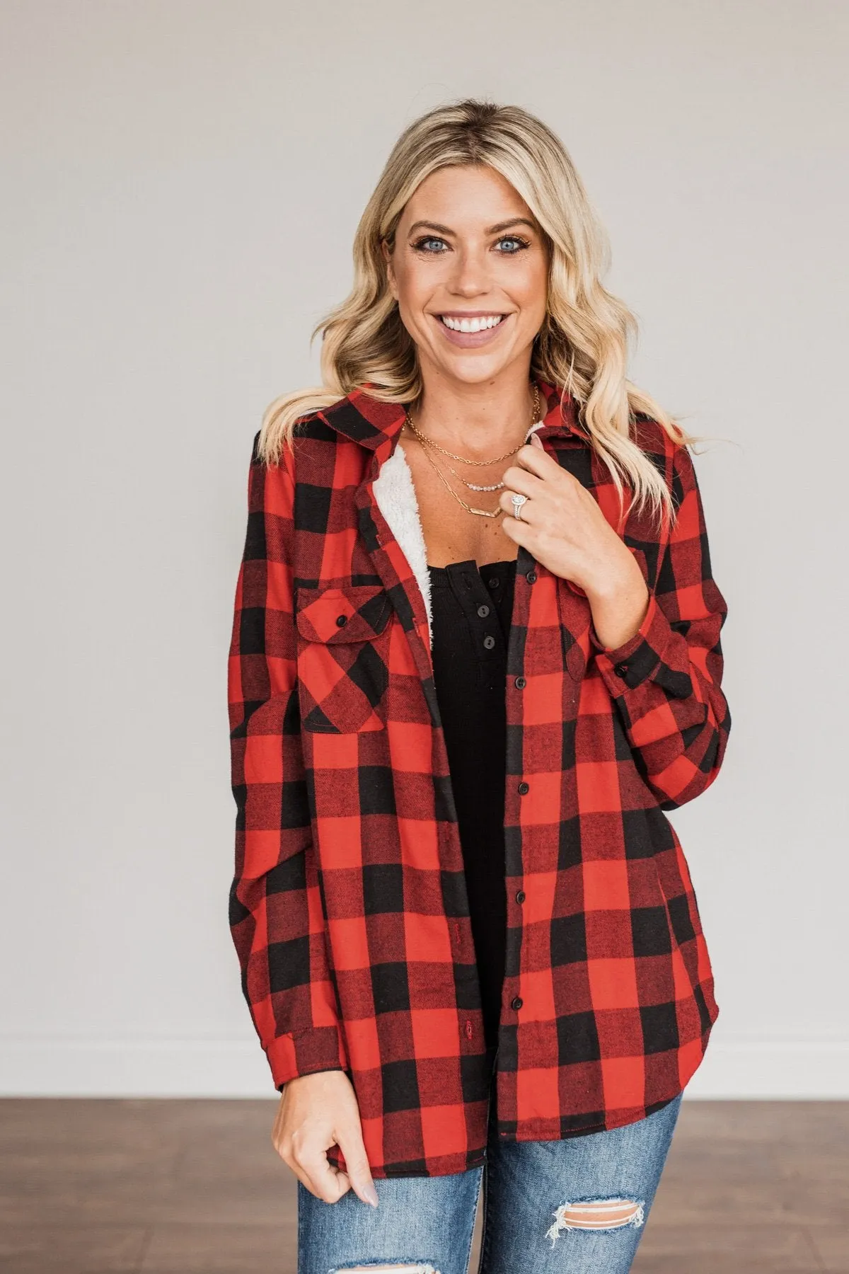 Holiday Wishes Plaid Button Down- Red & Black