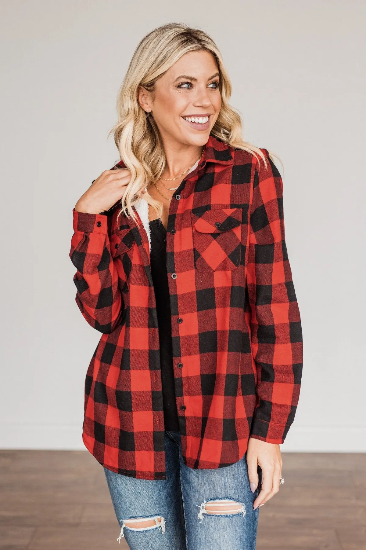 Holiday Wishes Plaid Button Down- Red & Black