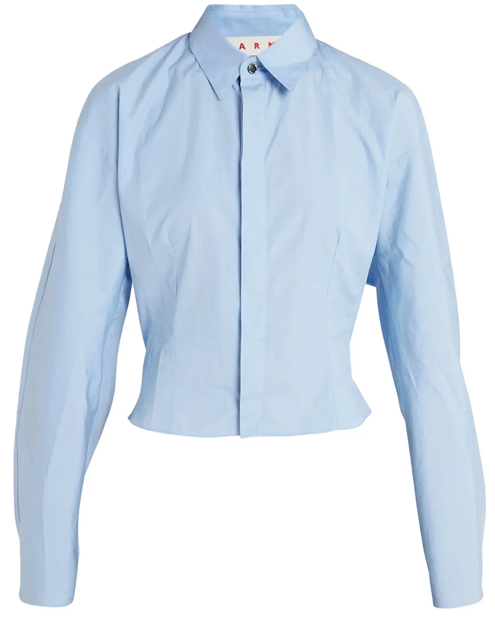 Iris Blue Gathered Crop Button Down Shirt