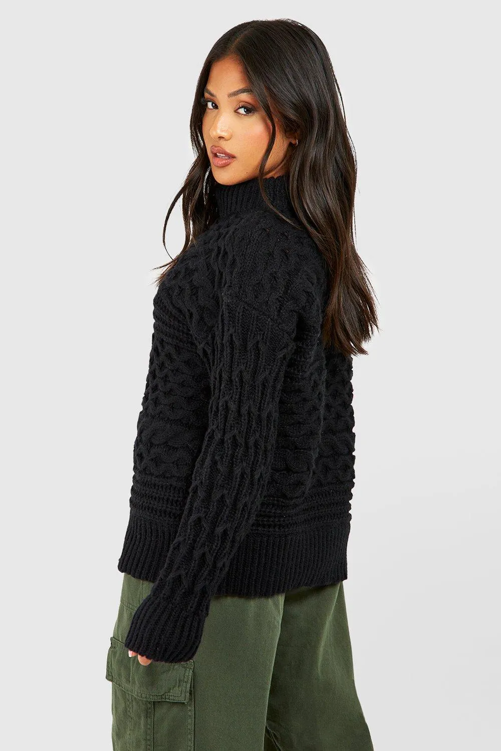 Jumpers & Cardigans | Petite Cable Knit Roll Neck Jumper | boohoo