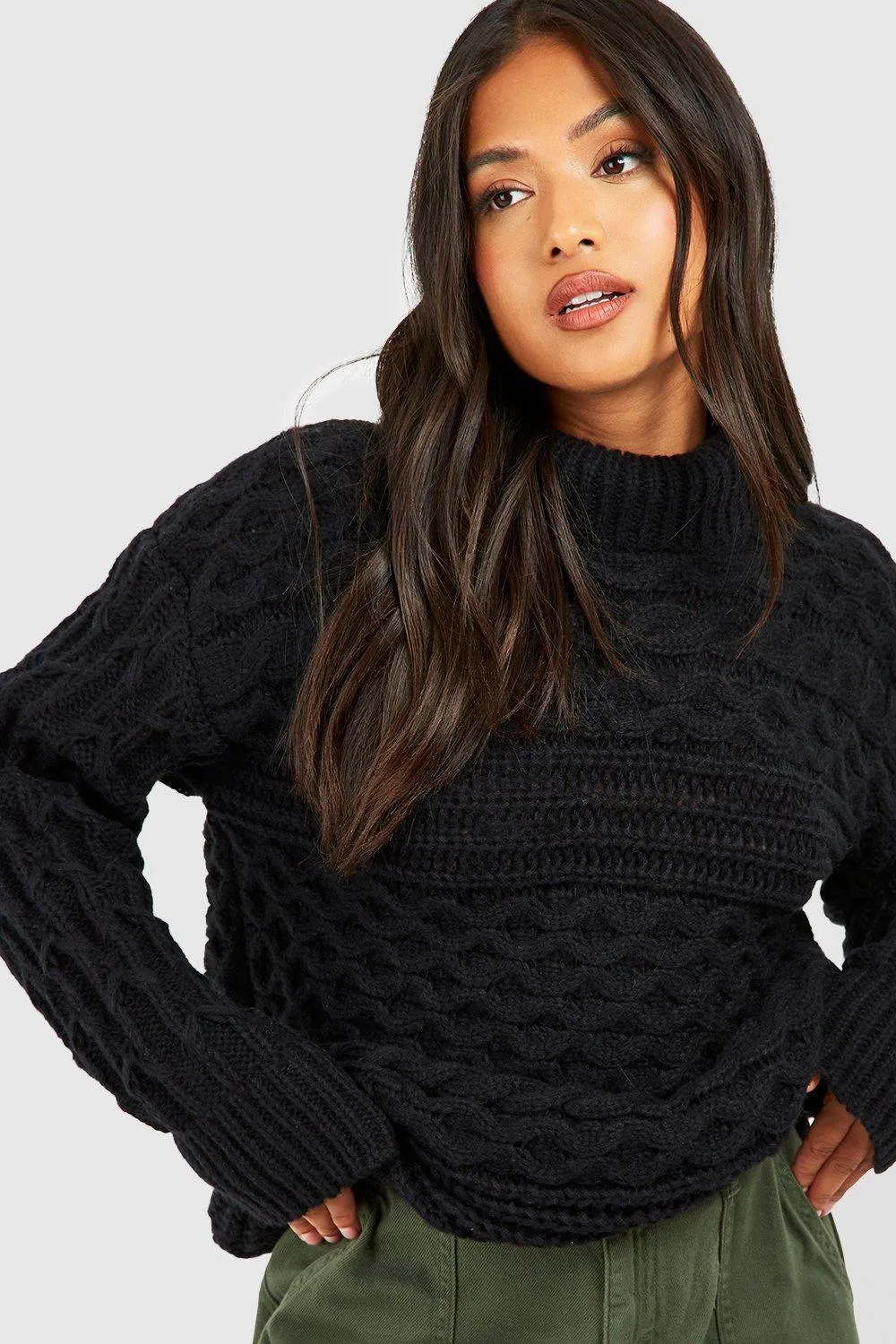 Jumpers & Cardigans | Petite Cable Knit Roll Neck Jumper | boohoo