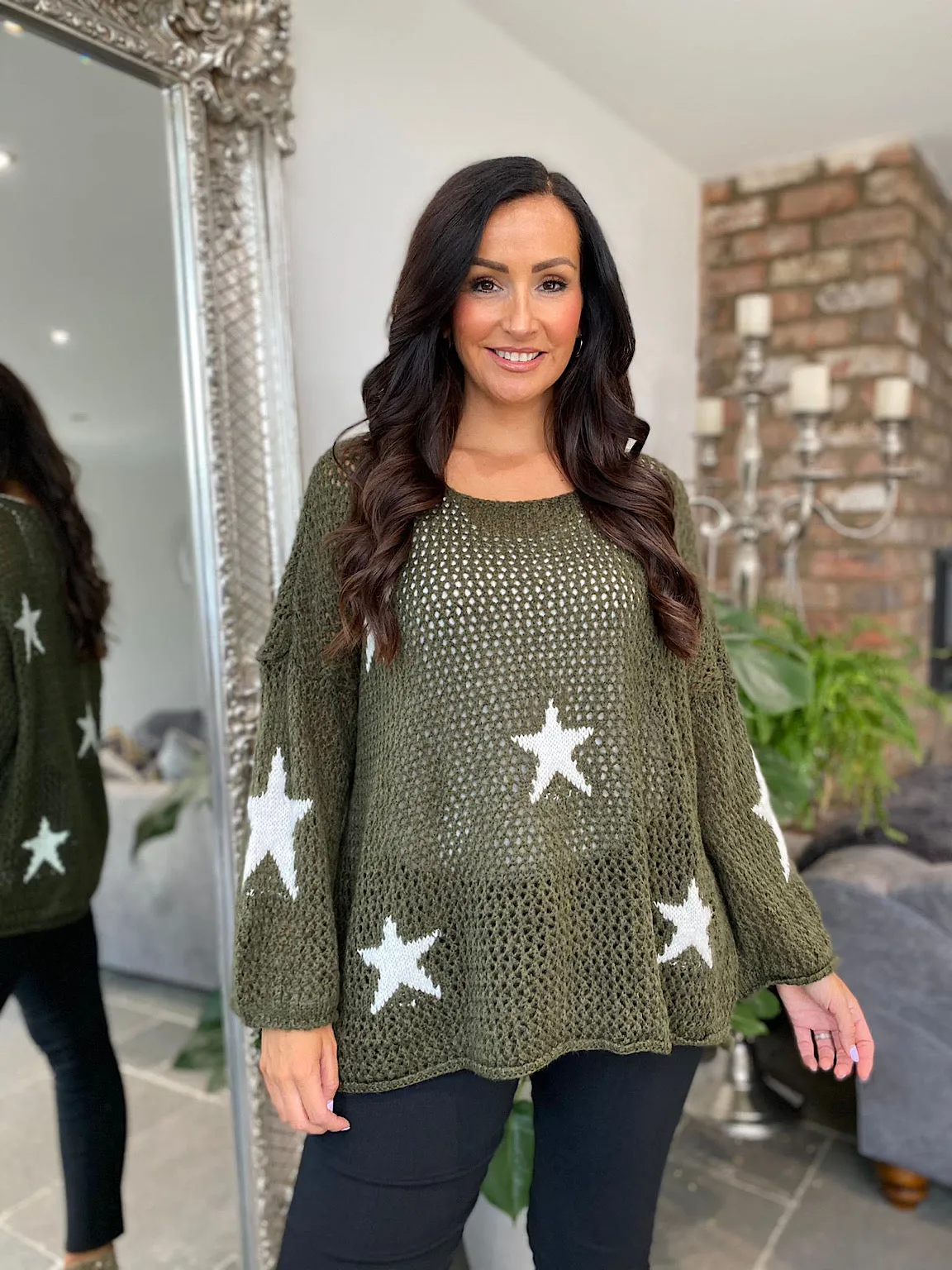 Khaki Star Loose Knit Jumper Fray