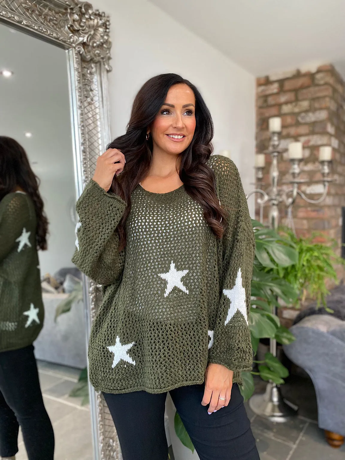 Khaki Star Loose Knit Jumper Fray