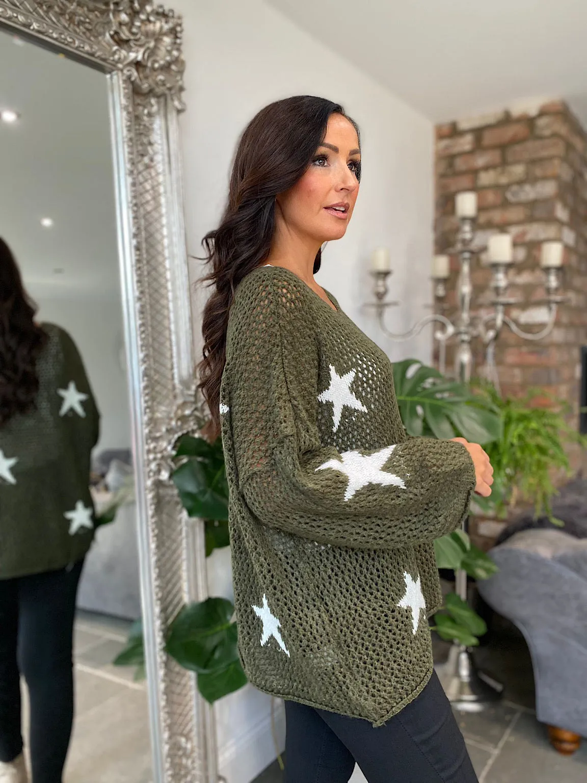 Khaki Star Loose Knit Jumper Fray