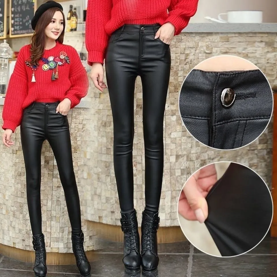 Leather Pants Womens High Waist Feet Winter Black Casual Pants