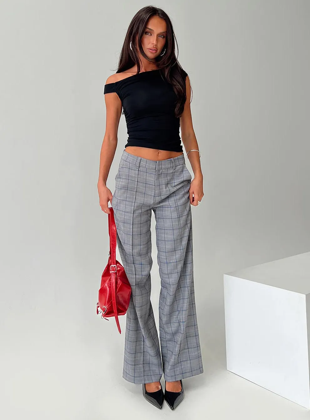 Marenio Low Waist Pants Grey Check