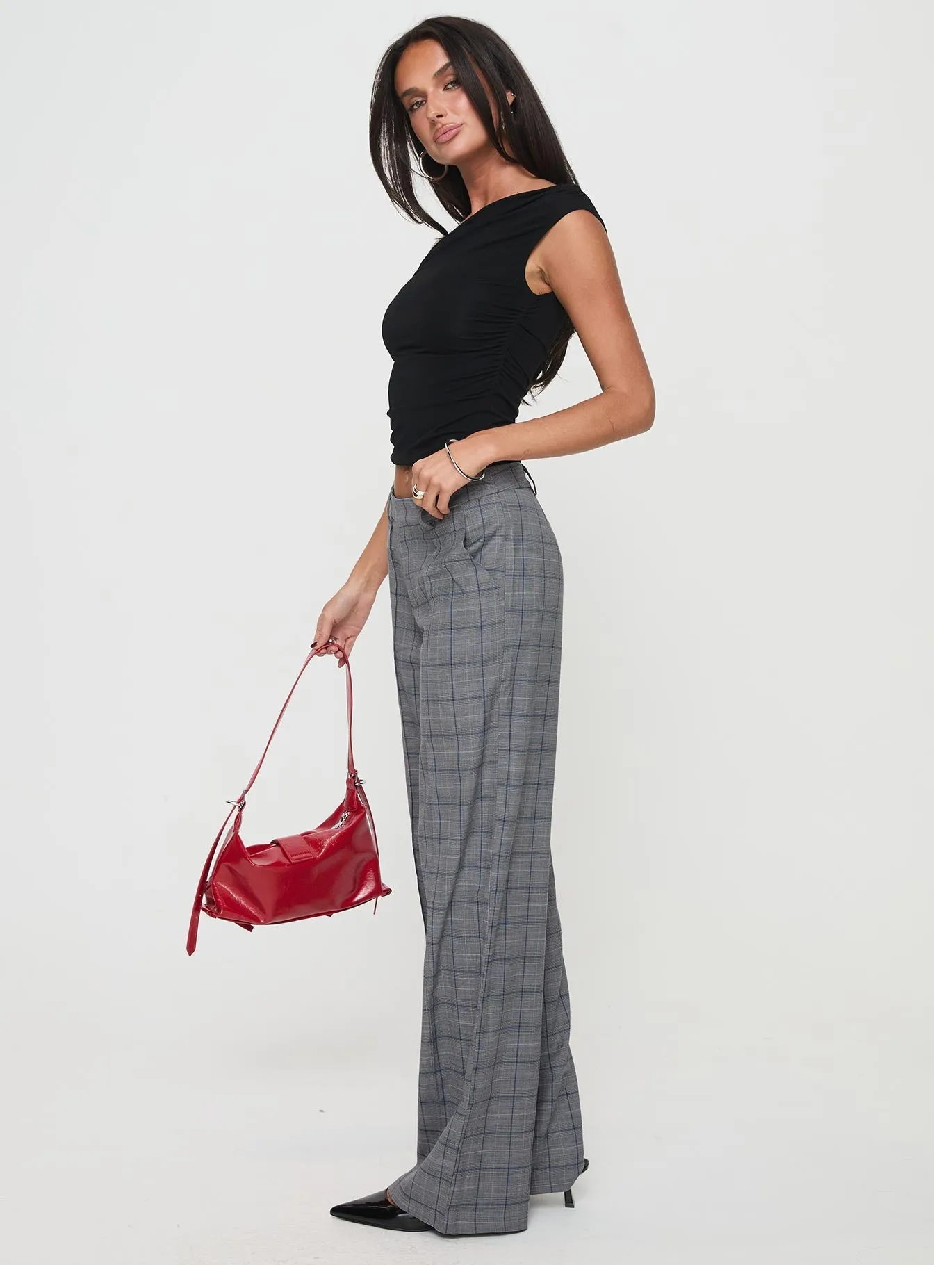 Marenio Low Waist Pants Grey Check