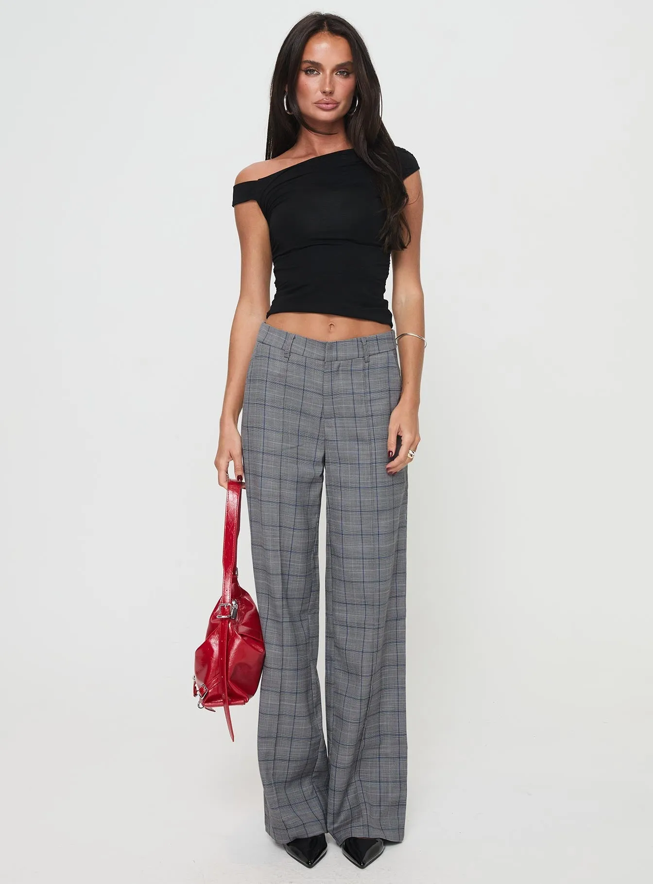 Marenio Low Waist Pants Grey Check