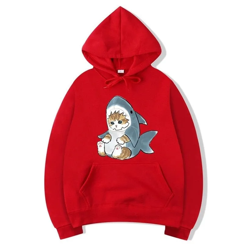 Men's Winter Casual Baby Shark Cat Printed Full Sleeve Hoodies