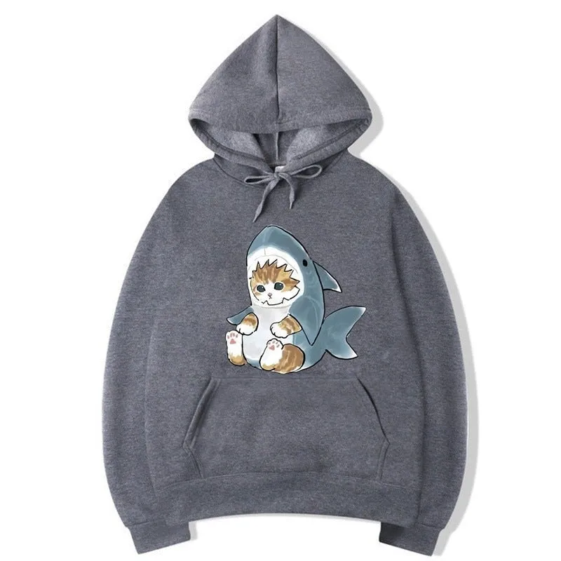 Men's Winter Casual Baby Shark Cat Printed Full Sleeve Hoodies