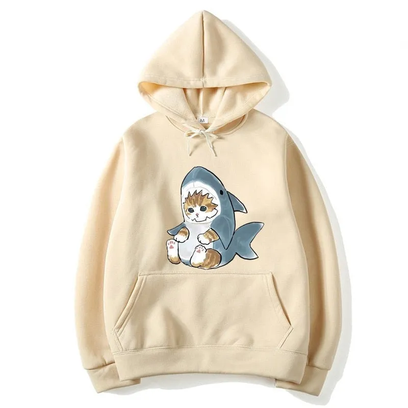 Men's Winter Casual Baby Shark Cat Printed Full Sleeve Hoodies