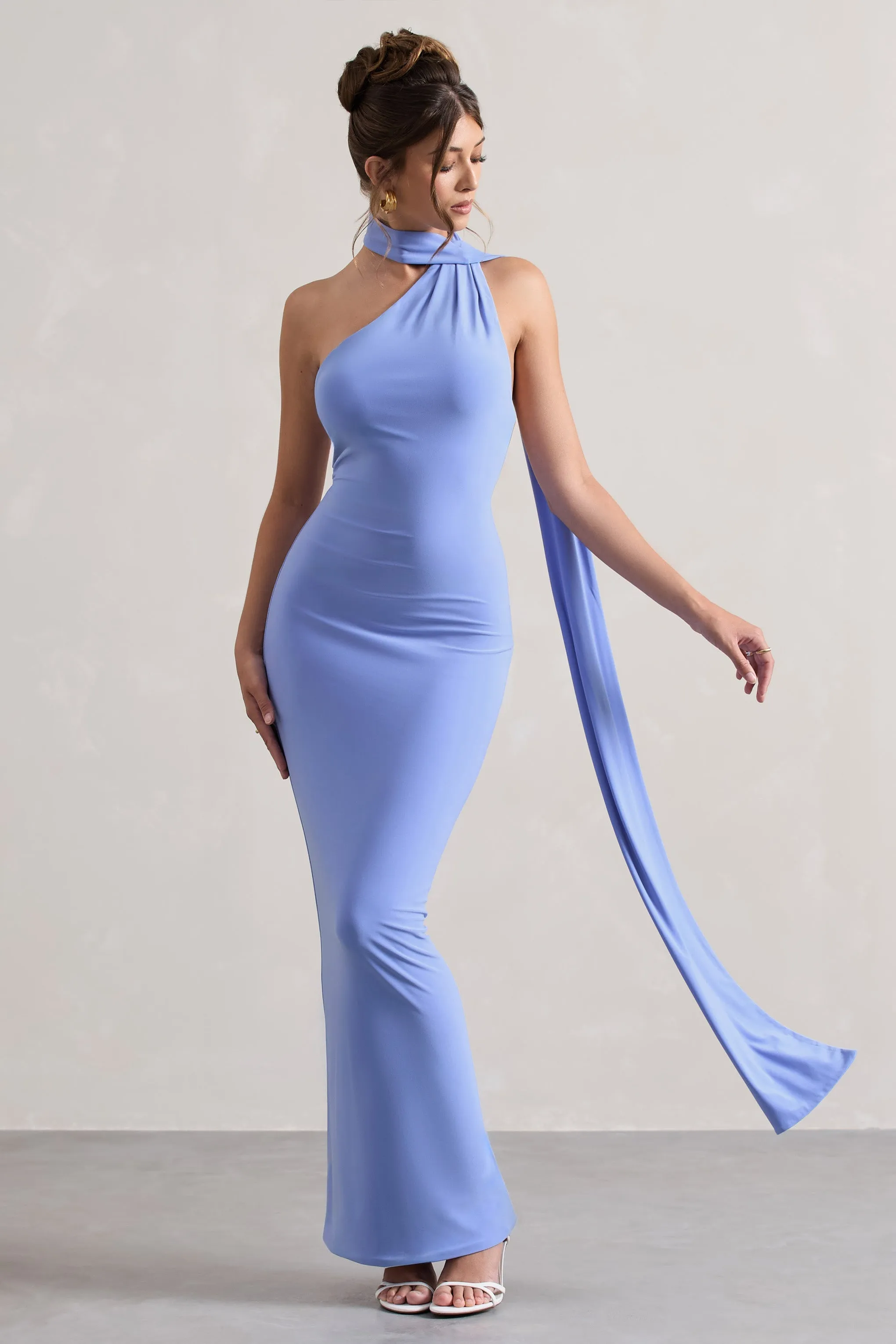 Miss | Pale Blue One Shoulder Backless Maxi Dress With Scarf