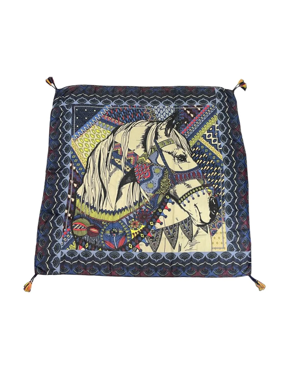 Navy Decorative Horse Print Tassel Scarf