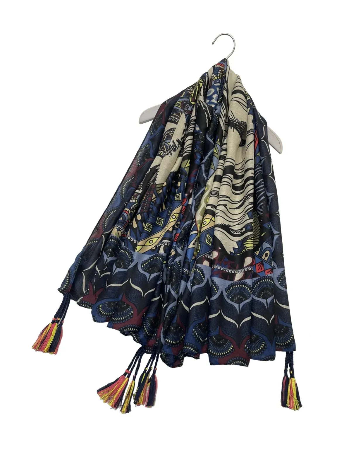 Navy Decorative Horse Print Tassel Scarf