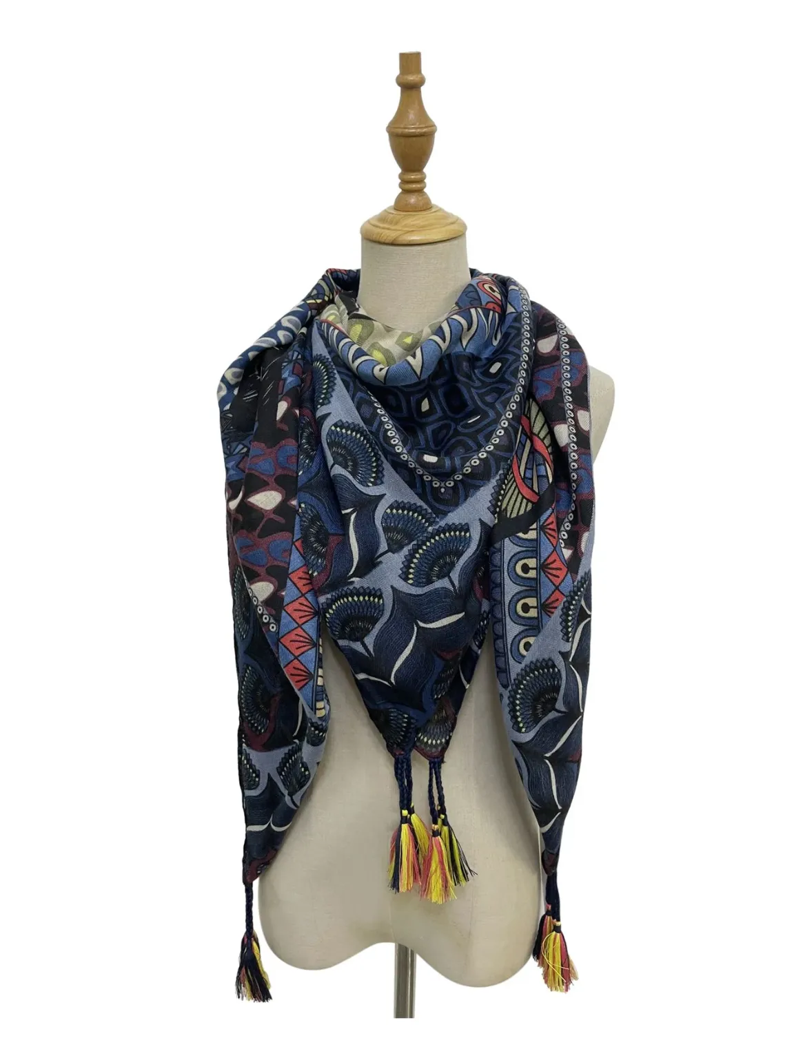 Navy Decorative Horse Print Tassel Scarf